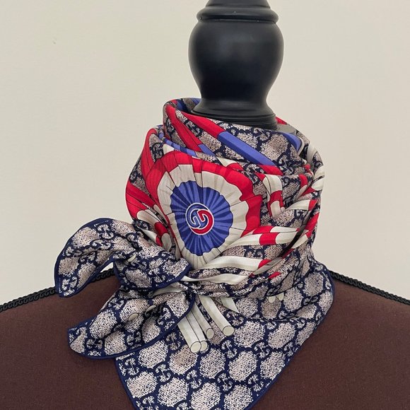 Gucci Scarf Logo GG Print Club WEB Blue Silk Wrap with Gucci Gift Box
